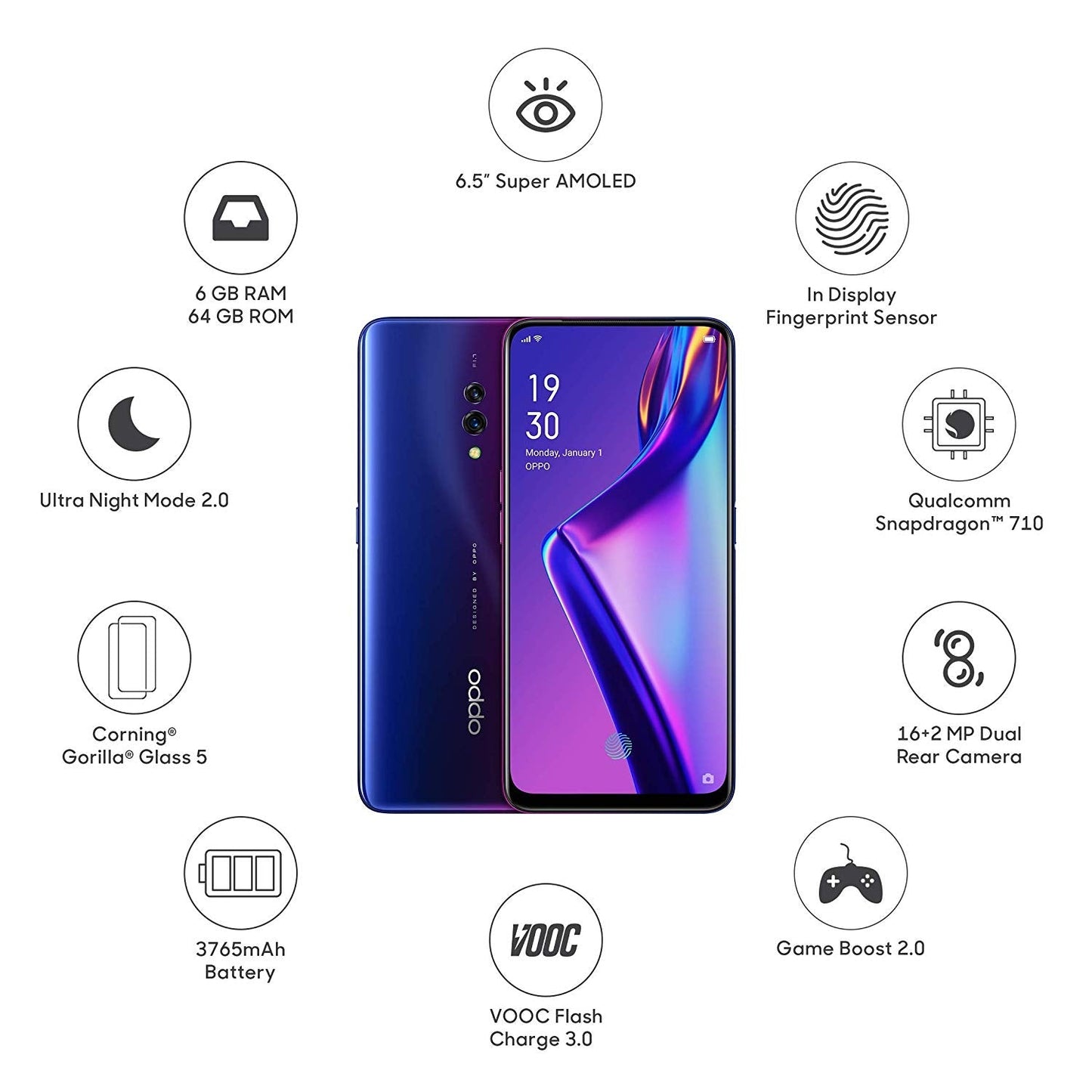 OPPO K3 (Bleu Aurora, 6 Go de RAM, 64 Go de stockage)