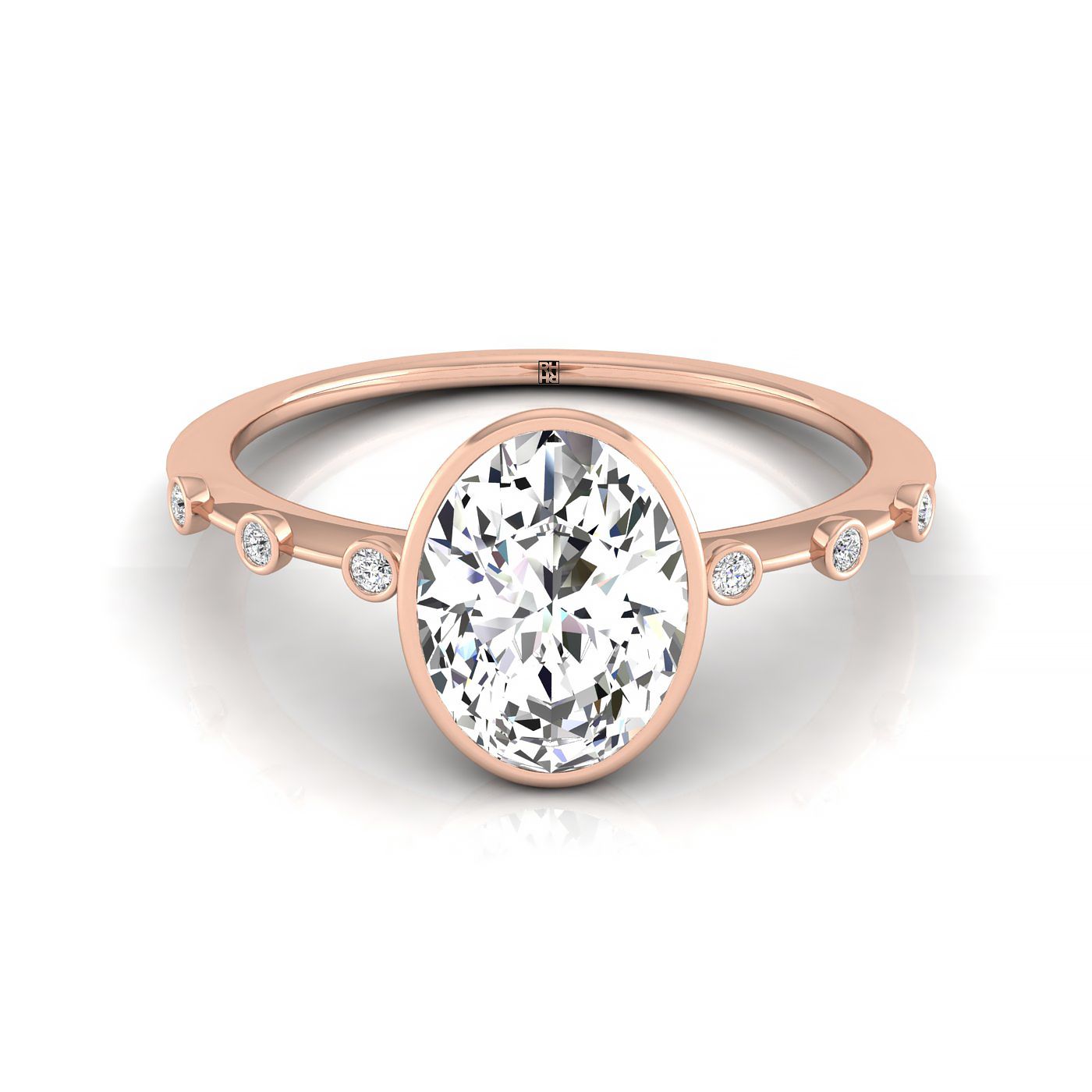 14kr Bezel Set Oval Engagement Ring With 6 Bezel Set Round Diamonds On Shank