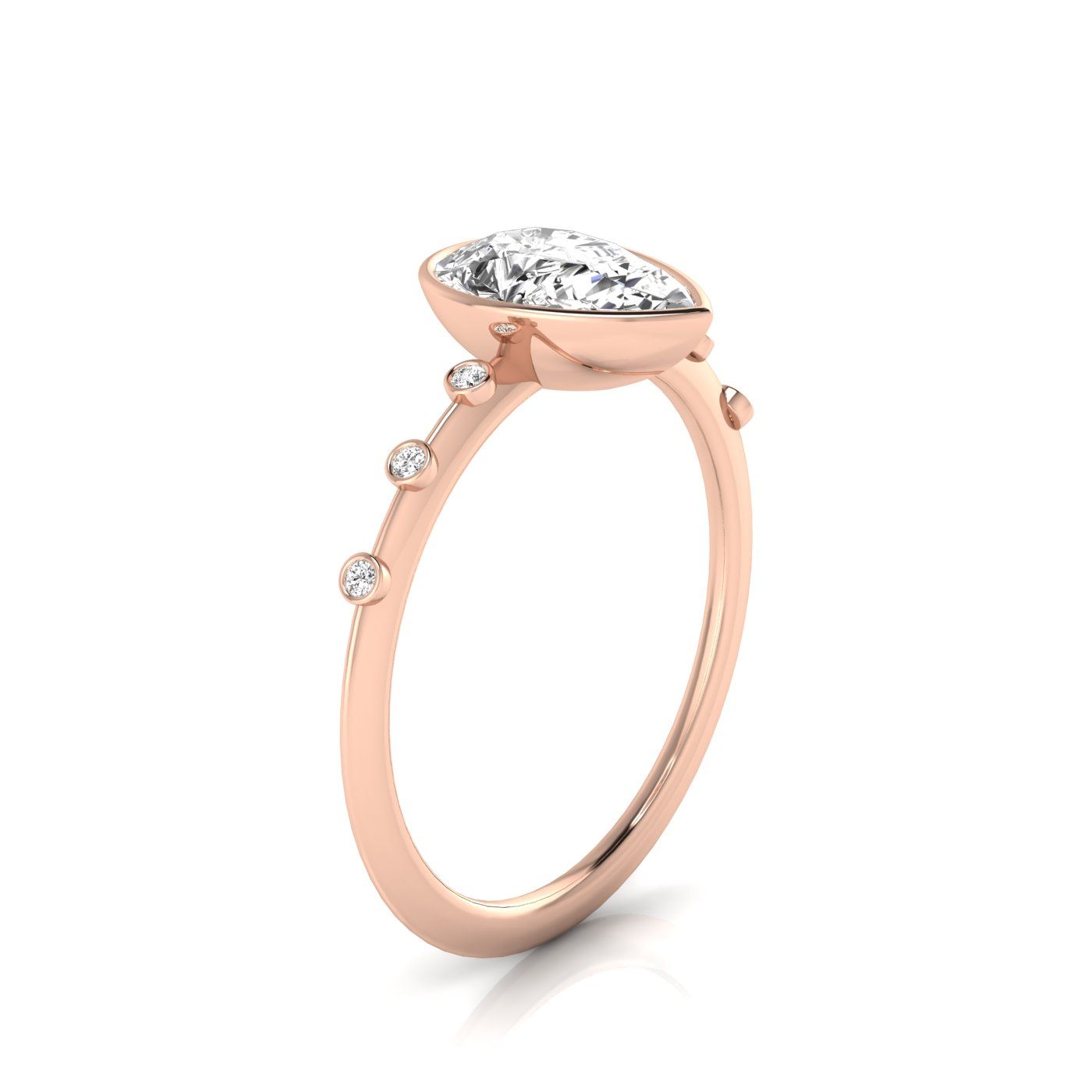 14kr Bezel Set Pear Engagement Ring With 6 Bezel Set Round Diamonds On Shank