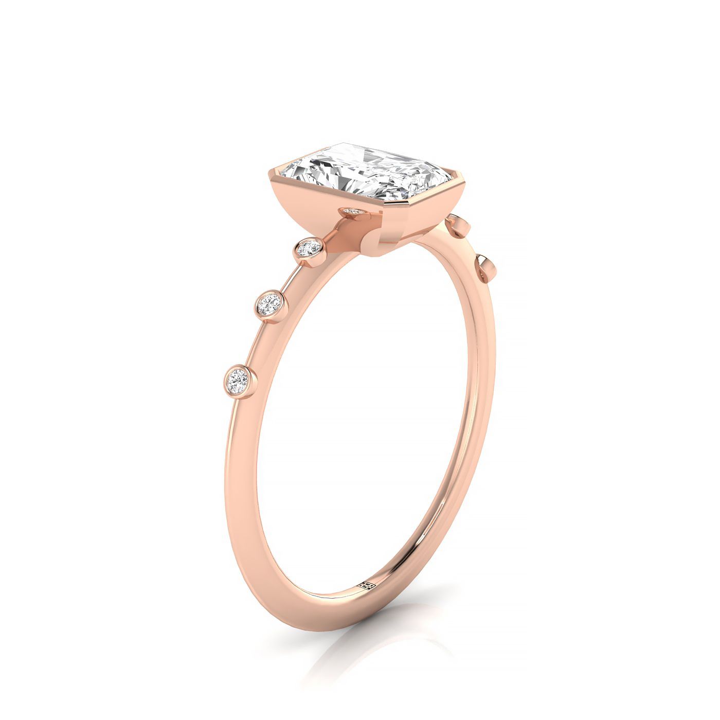 14kr Bezel Set Radiant Engagement Ring With 6 Bezel Set Round Diamonds On Shank