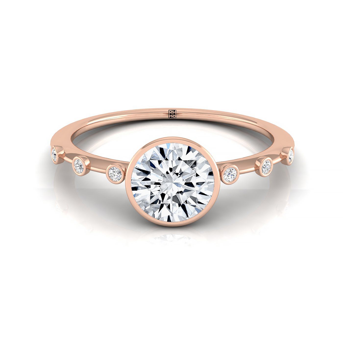 14kr Bezel Set Round Engagement Ring With 6 Bezel Set Round Diamonds On Shank