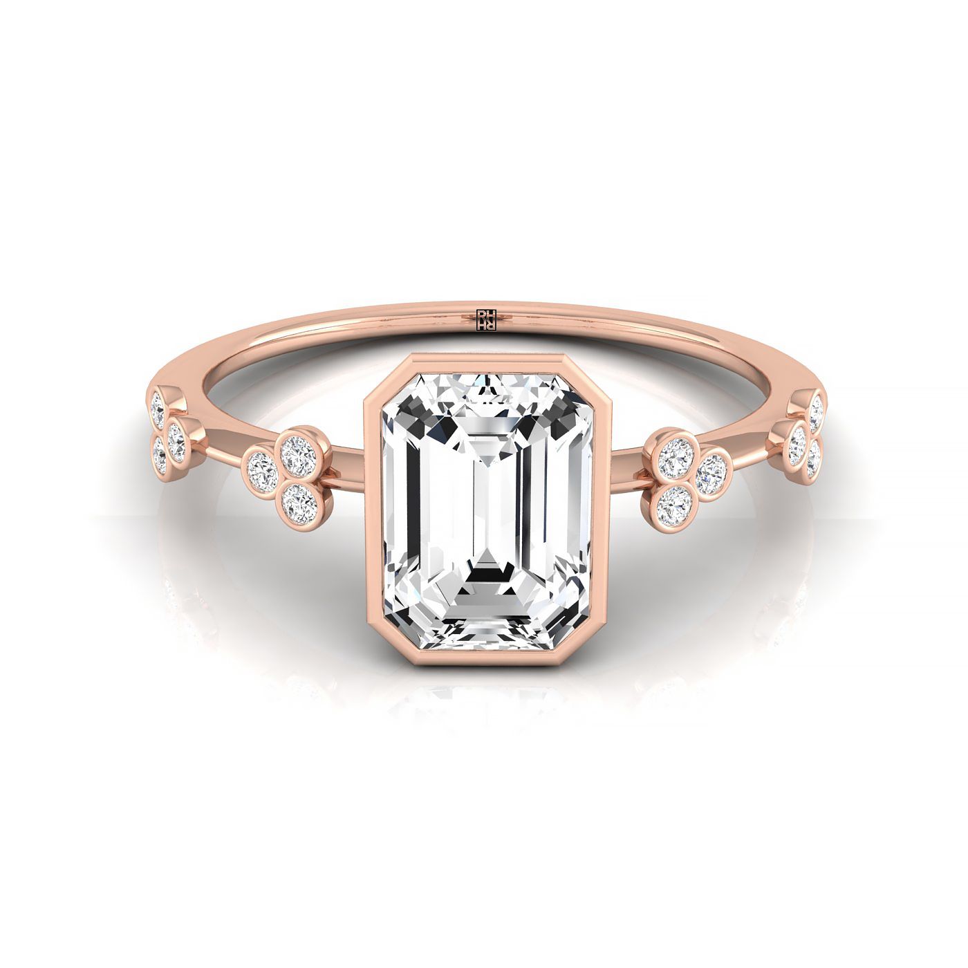 14kr Bezel Set Emerald Engagement Ring With 12 Clover Bezel Set Round Diamonds On Shank
