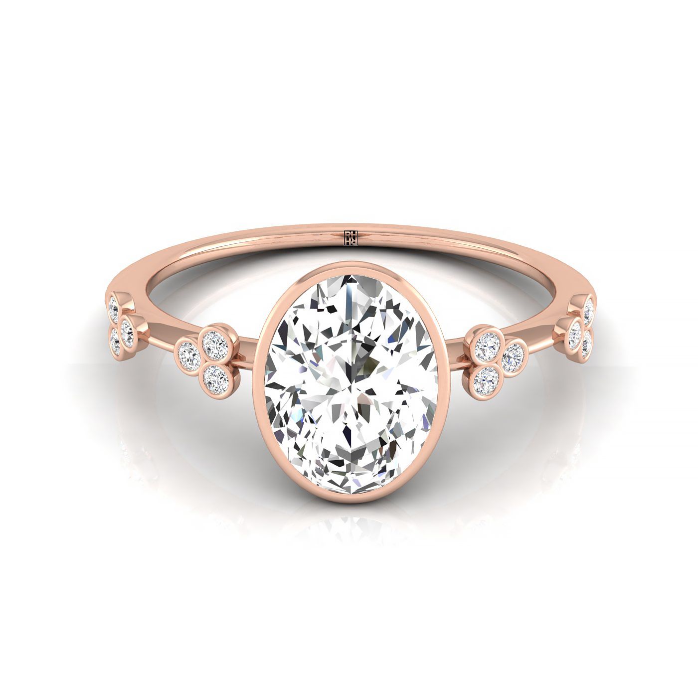 14kr Bezel Set Oval Engagement Ring With 12 Clover Bezel Set Round Diamonds On Shank