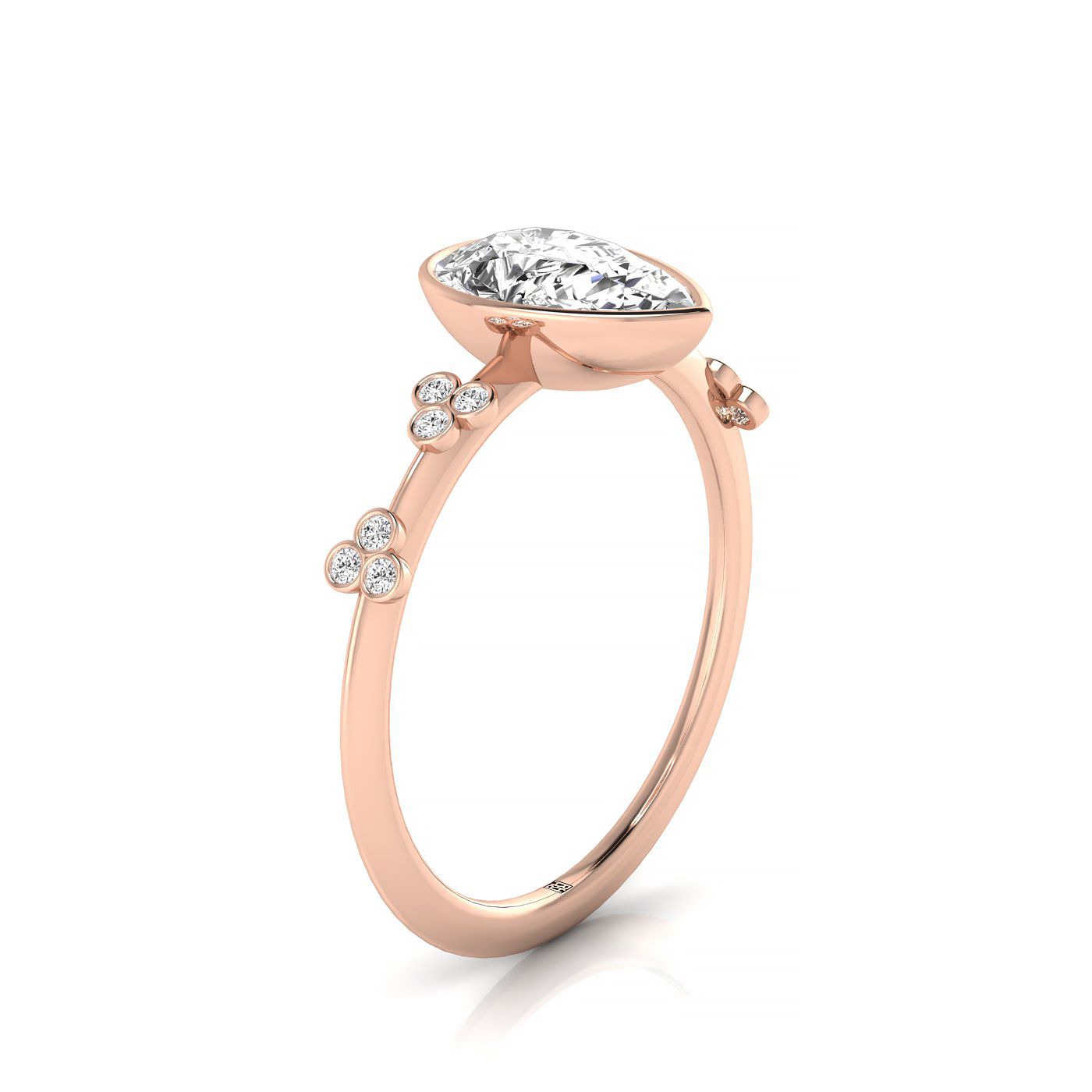 14kr Bezel Set Pear Engagement Ring With 12 Clover Bezel Set Round Diamonds On Shank