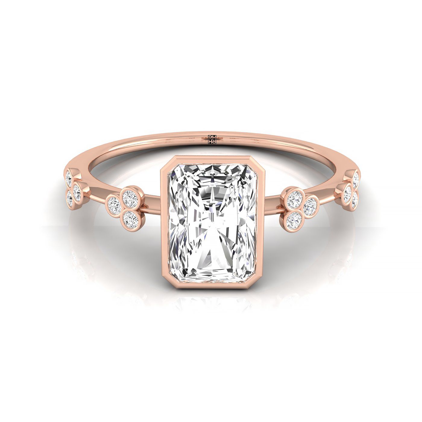 14kr Bezel Set Radiant Engagement Ring With 12 Clover Bezel Set Round Diamonds On Shank