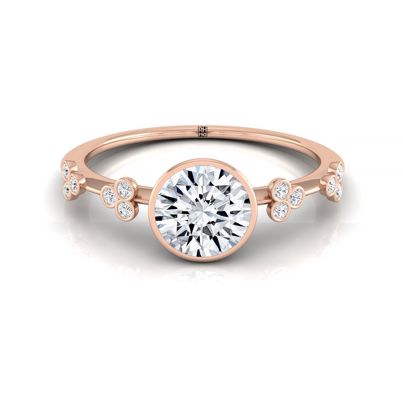 14kr Bezel Set Round Engagement Ring With 12 Clover Bezel Set Round Diamonds On Shank