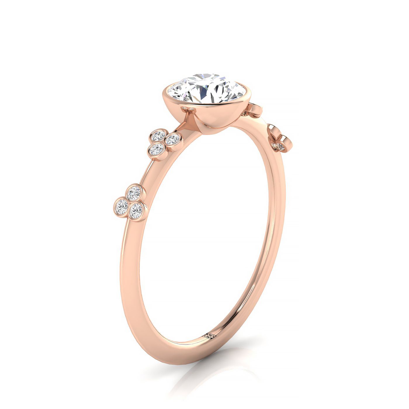 14kr Bezel Set Round Engagement Ring With 12 Clover Bezel Set Round Diamonds On Shank