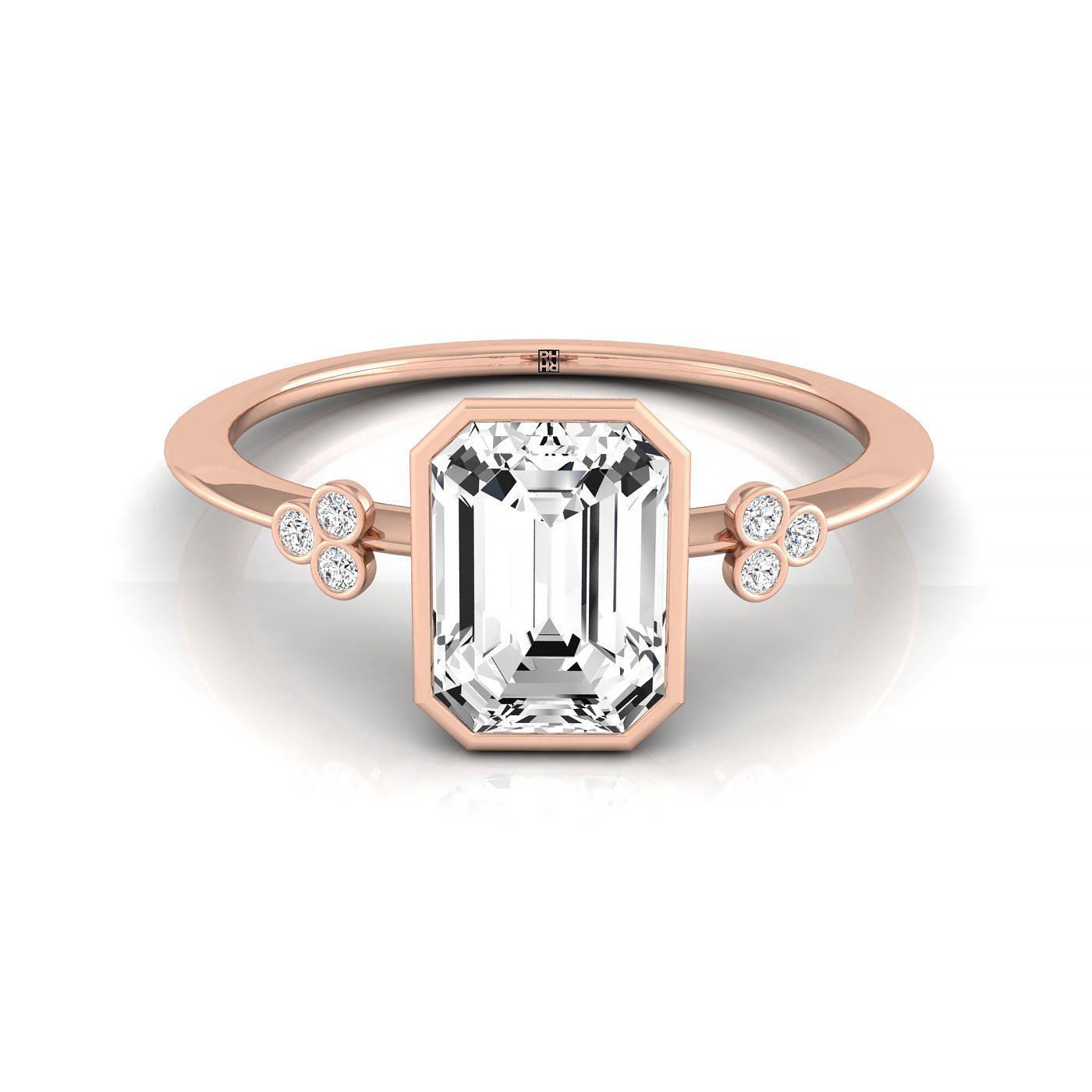 14kr Bezel Set Emerald Engagement Ring With 6 Clover Bezel Set Round Diamonds On Shank
