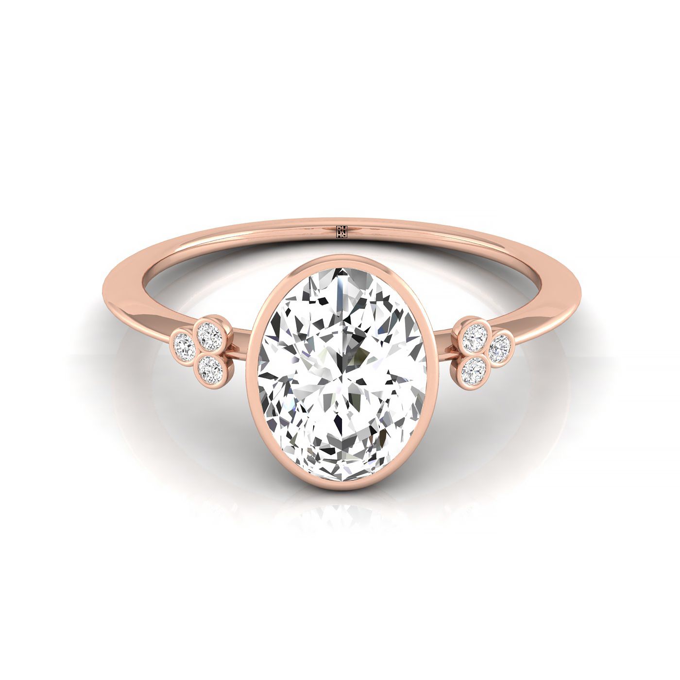 14kr Bezel Set Oval Engagement Ring With 6 Clover Bezel Set Round Diamonds On Shank