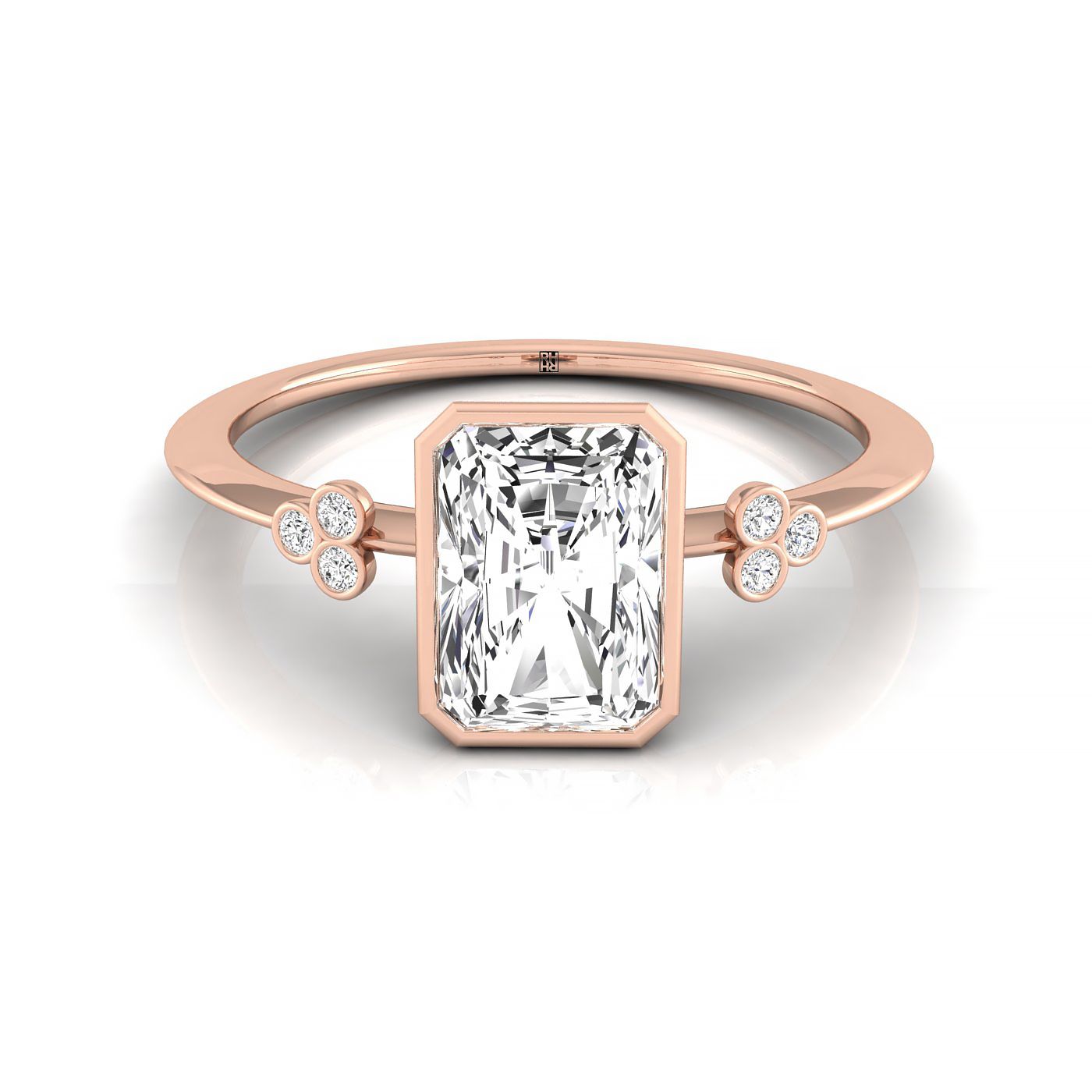 14kr Bezel Set Radiant Engagement Ring With 6 Clover Bezel Set Round Diamonds On Shank