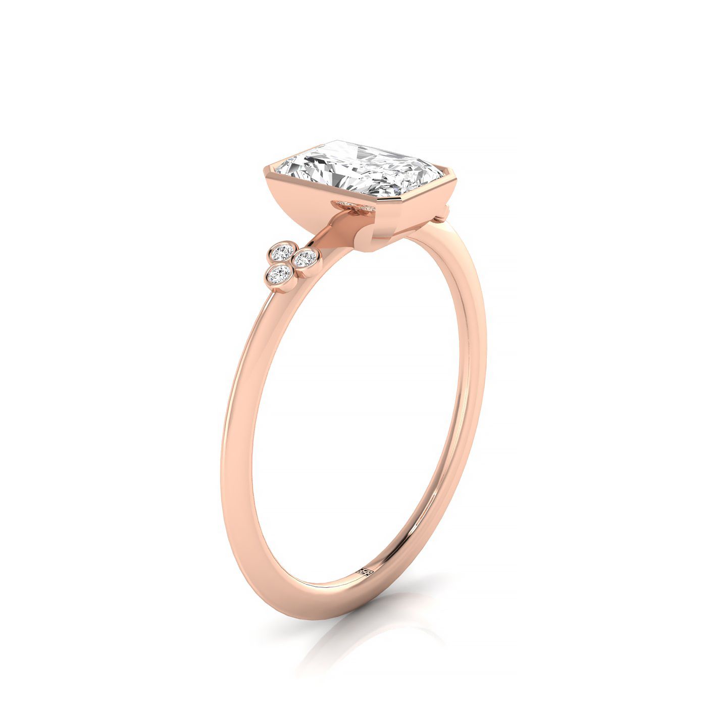 14kr Bezel Set Radiant Engagement Ring With 6 Clover Bezel Set Round Diamonds On Shank