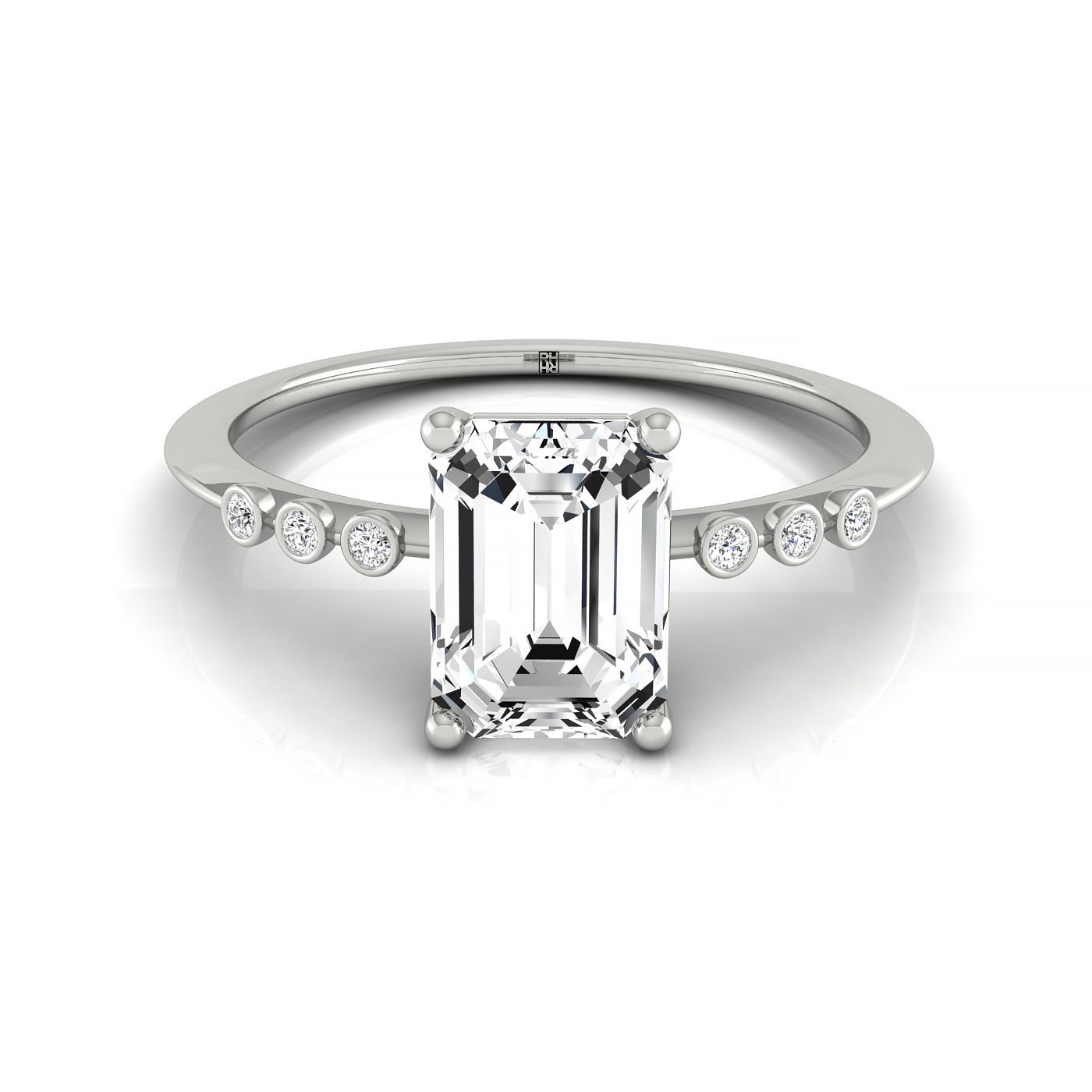 18kw Emerald Engagement Ring With 6 Bezel Set Round Diamonds On Shank