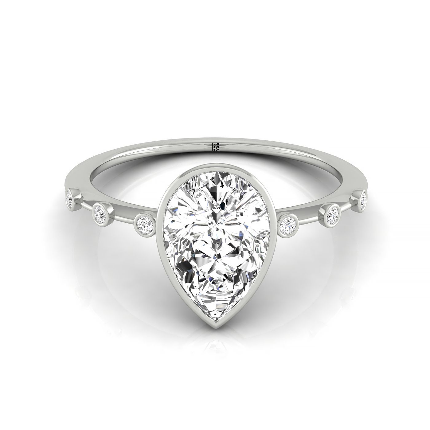 Plat Bezel Set Pear Engagement Ring With 6 Bezel Set Round Diamonds On Shank