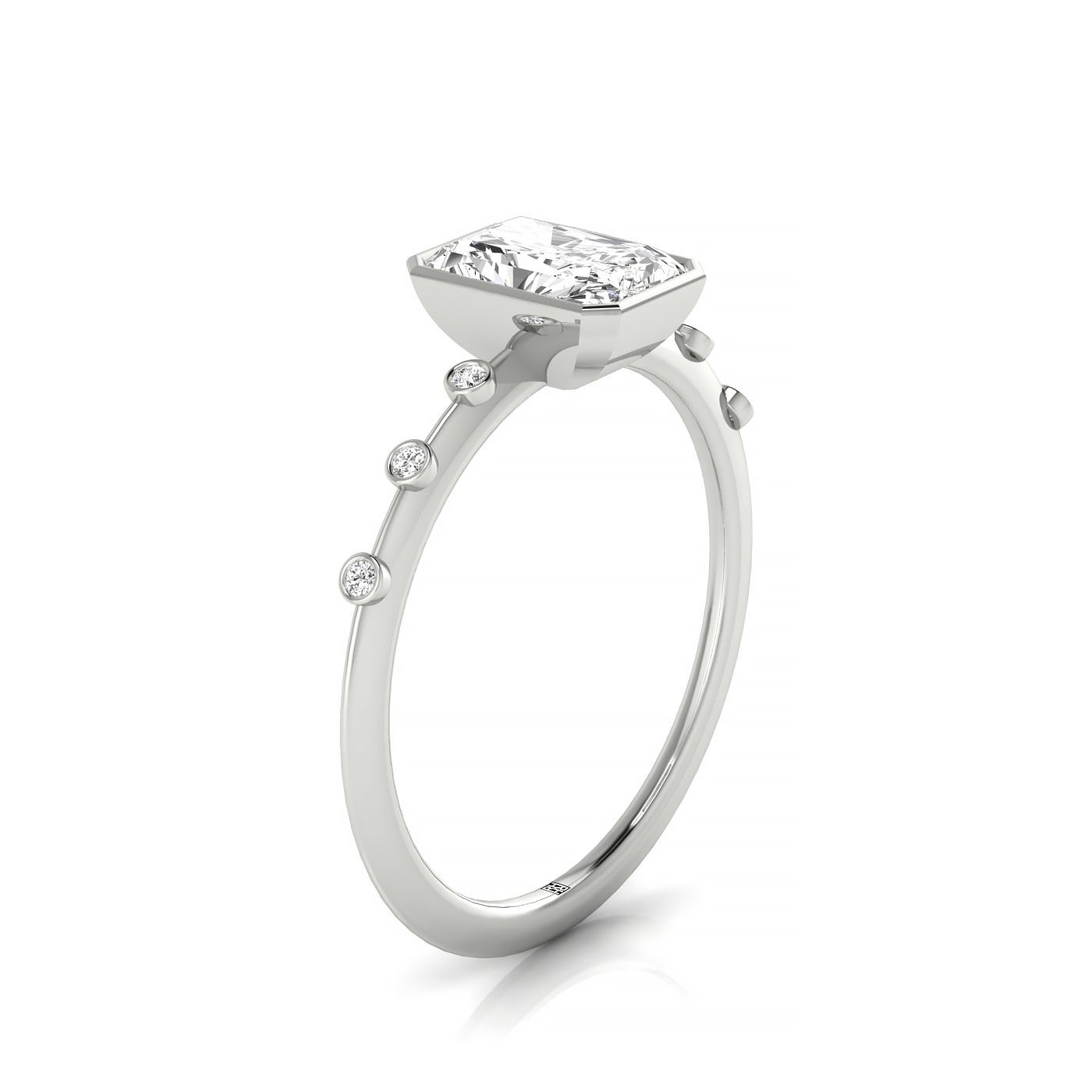 Plat Bezel Set Radiant Engagement Ring With 6 Bezel Set Round Diamonds On Shank