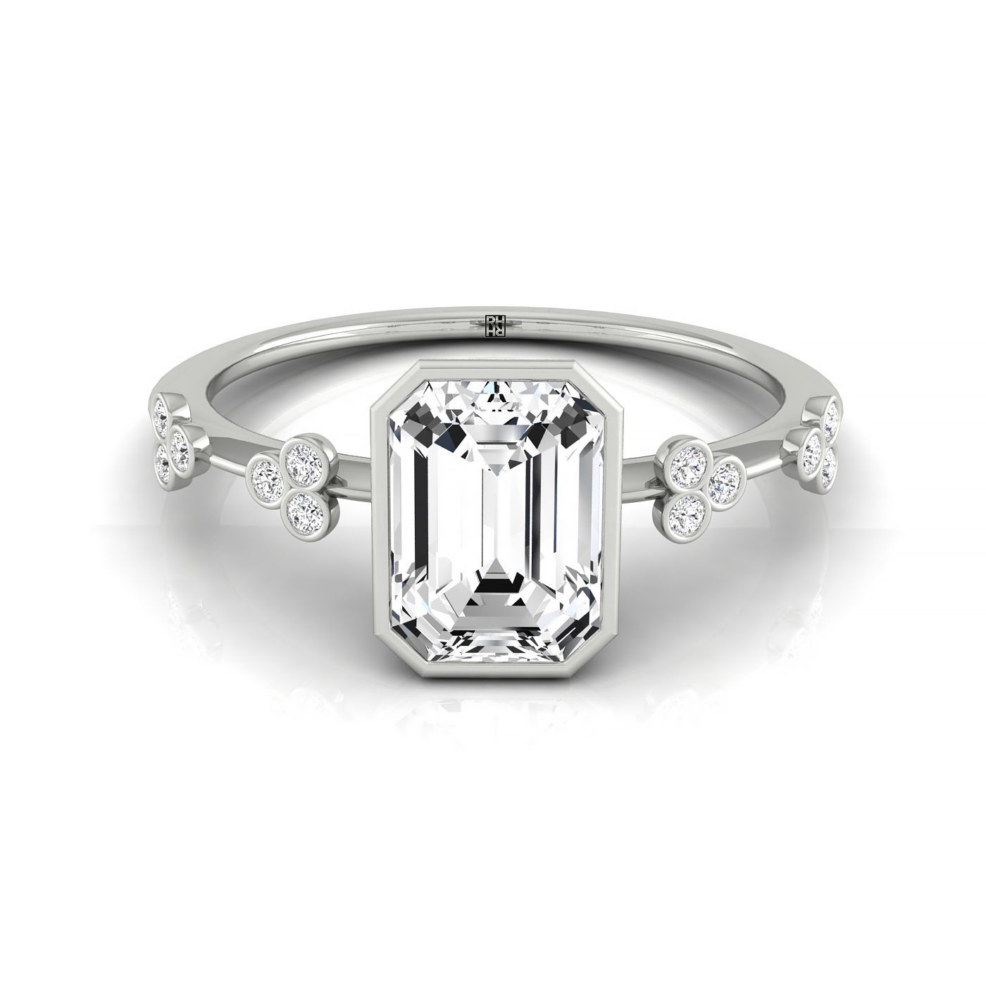 14kw Bezel Set Emerald Engagement Ring With 12 Clover Bezel Set Round Diamonds On Shank