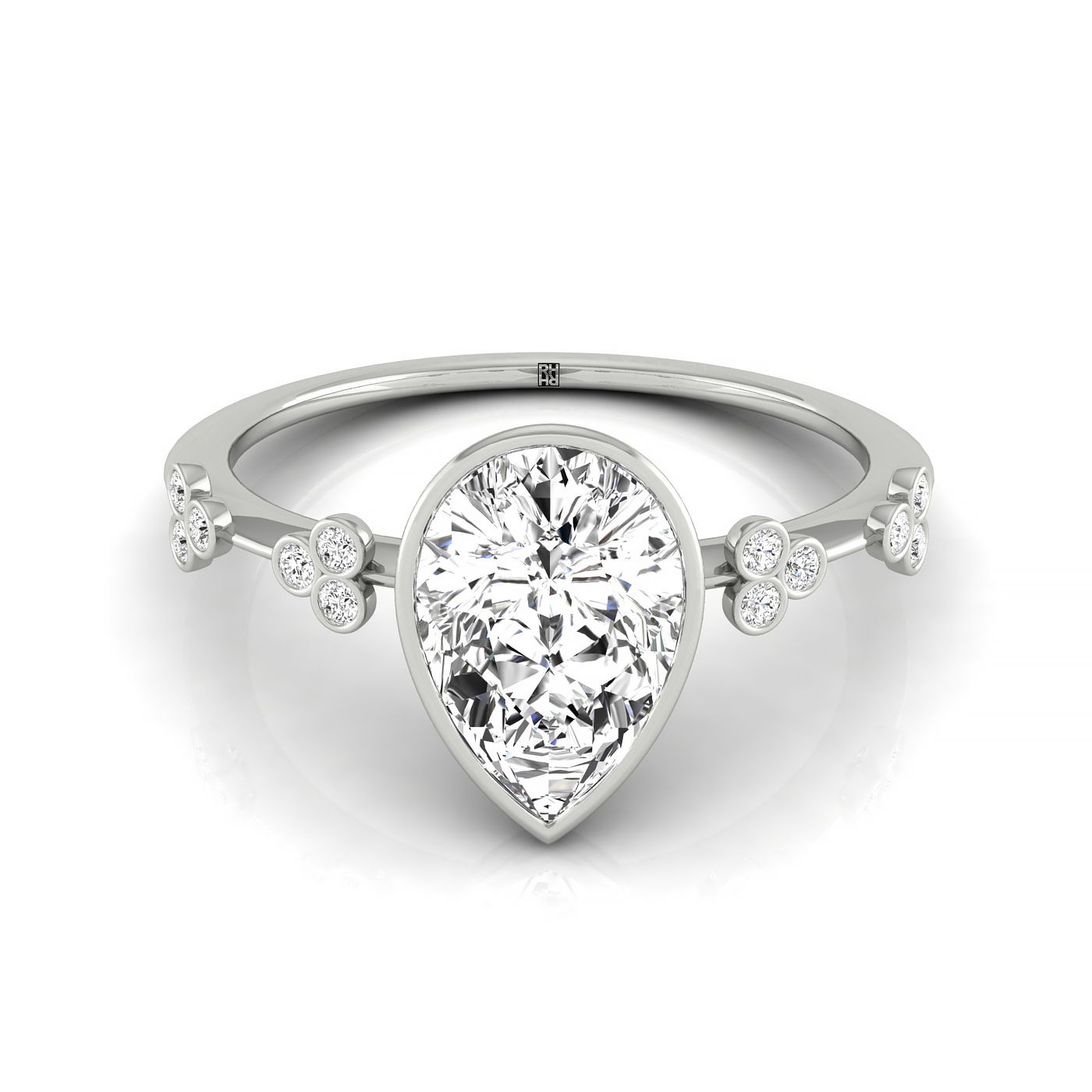 Plat Bezel Set Pear Engagement Ring With 12 Clover Bezel Set Round Diamonds On Shank