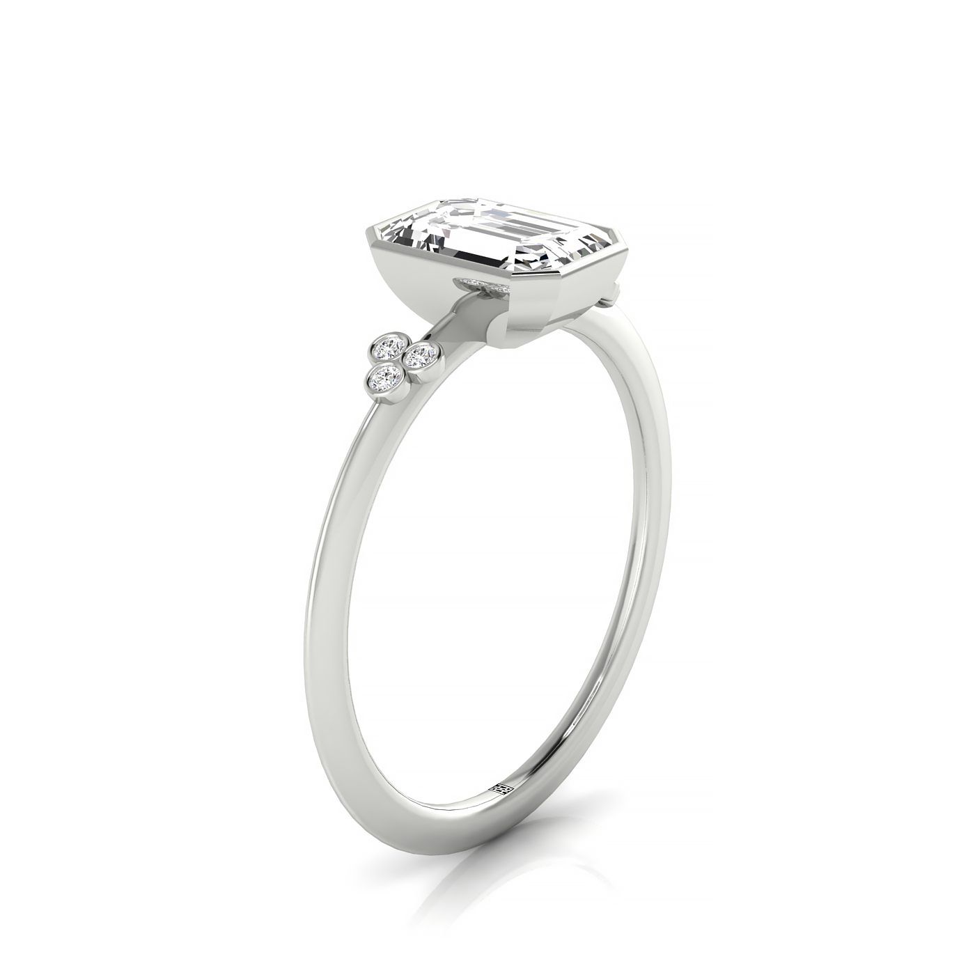 Plat Bezel Set Emerald Engagement Ring With 6 Clover Bezel Set Round Diamonds On Shank