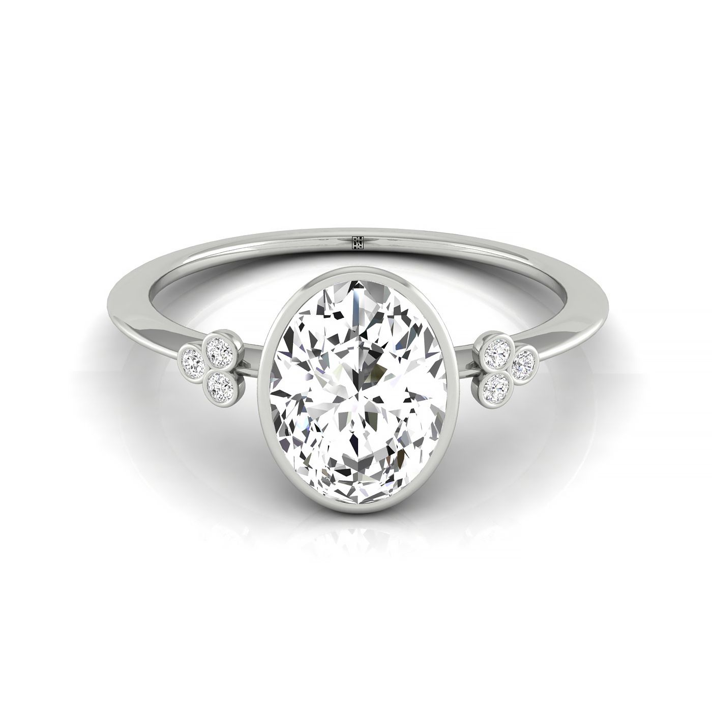 18kw Bezel Set Oval Engagement Ring With 6 Clover Bezel Set Round Diamonds On Shank