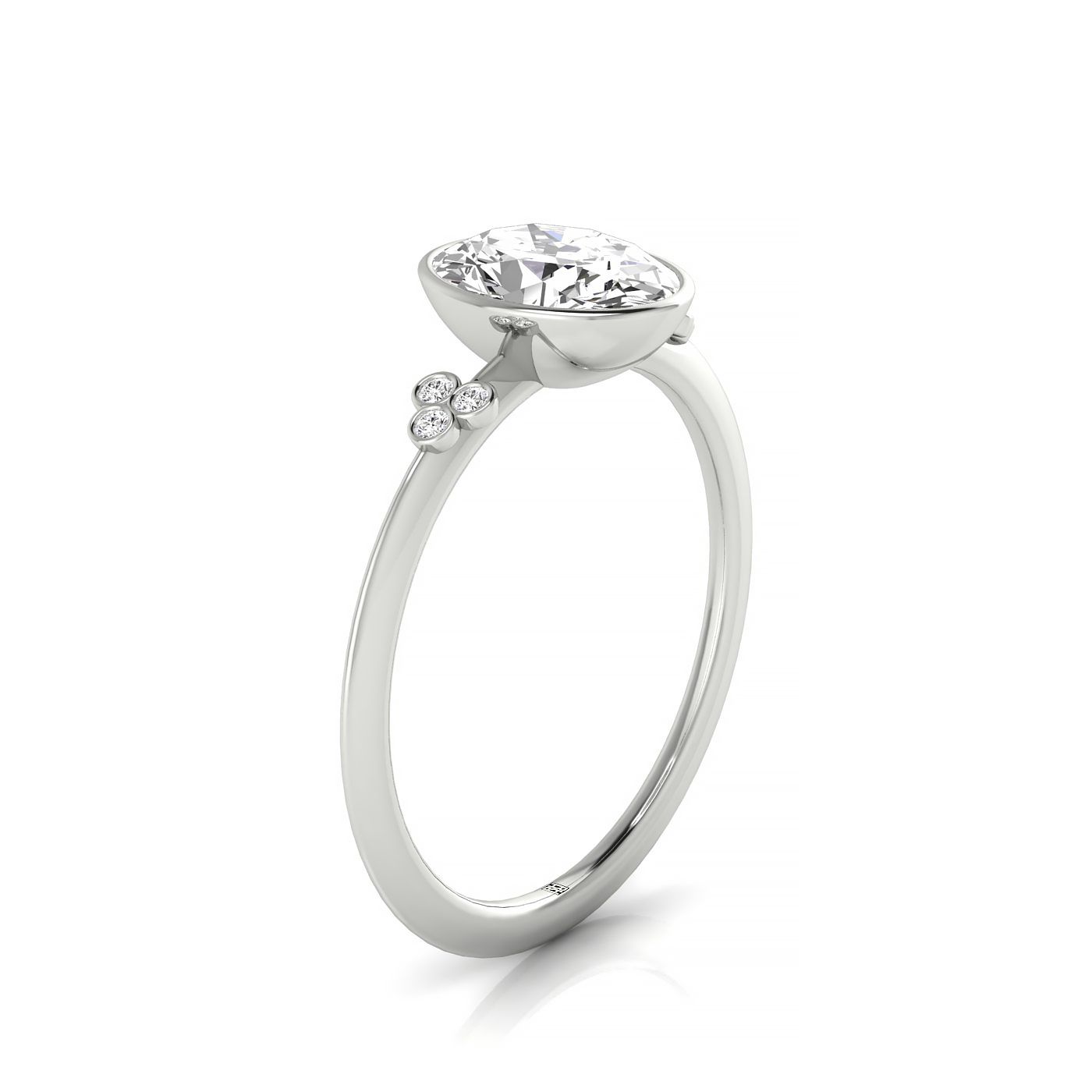 Plat Bezel Set Oval Engagement Ring With 6 Clover Bezel Set Round Diamonds On Shank