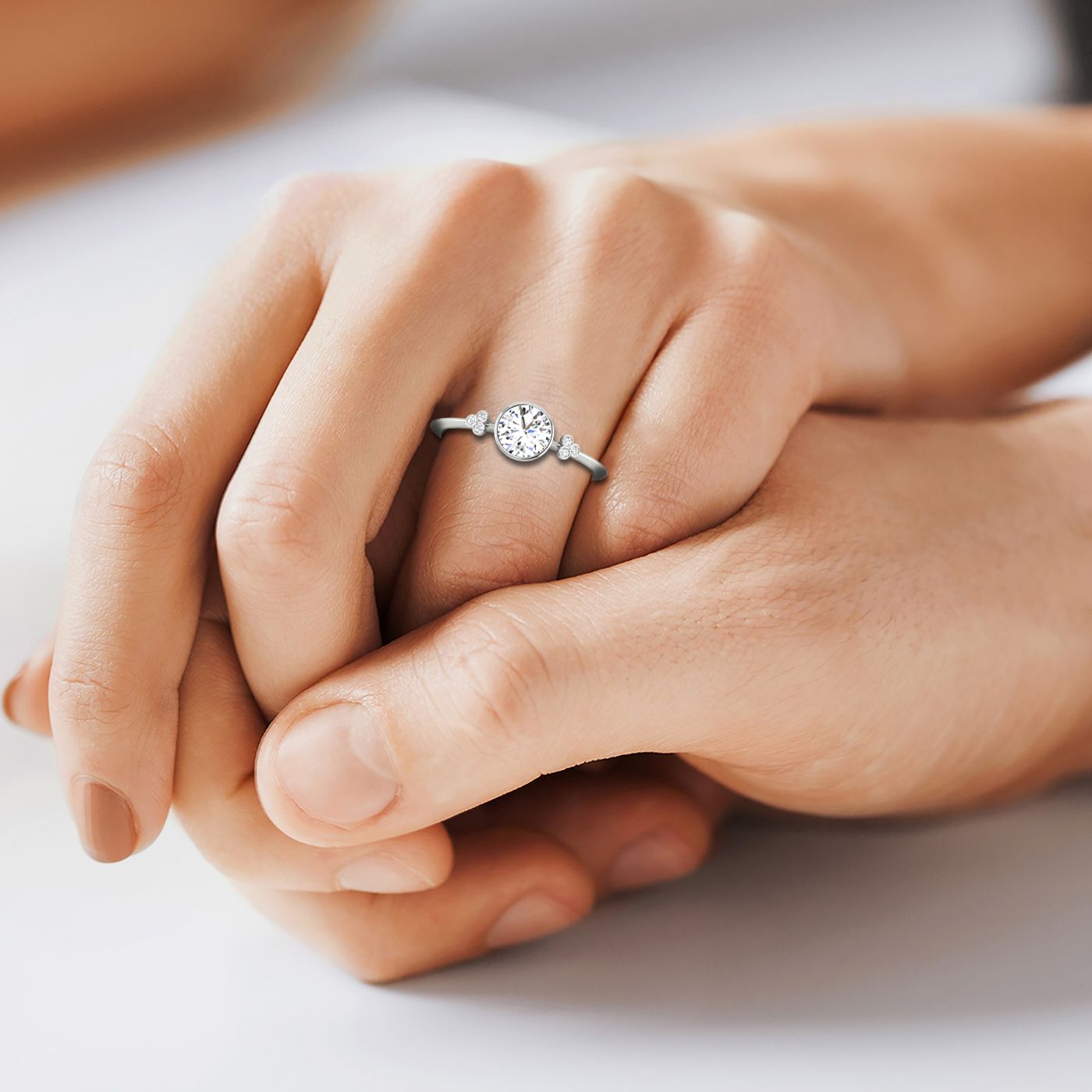 14kw Bezel Set Round Engagement Ring With 6 Clover Bezel Set Round Diamonds On Shank