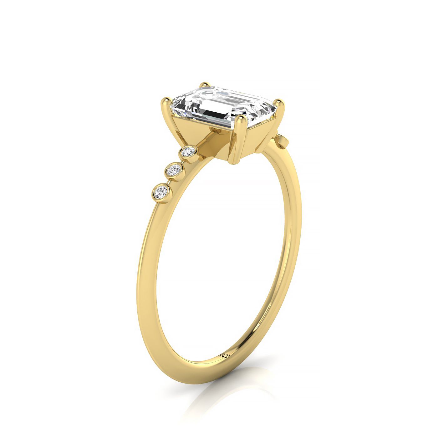 18ky Emerald Engagement Ring With 6 Bezel Set Round Diamonds On Shank