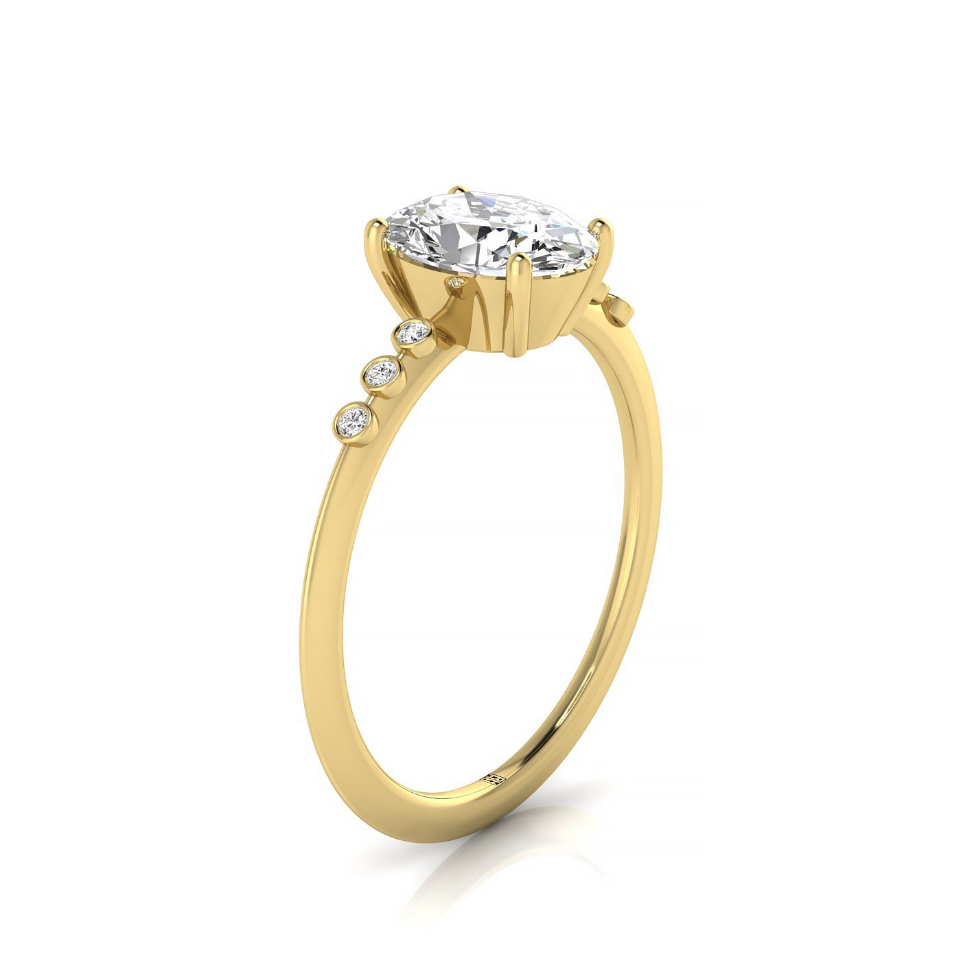 14ky Oval Engagement Ring With 6 Bezel Set Round Diamonds On Shank