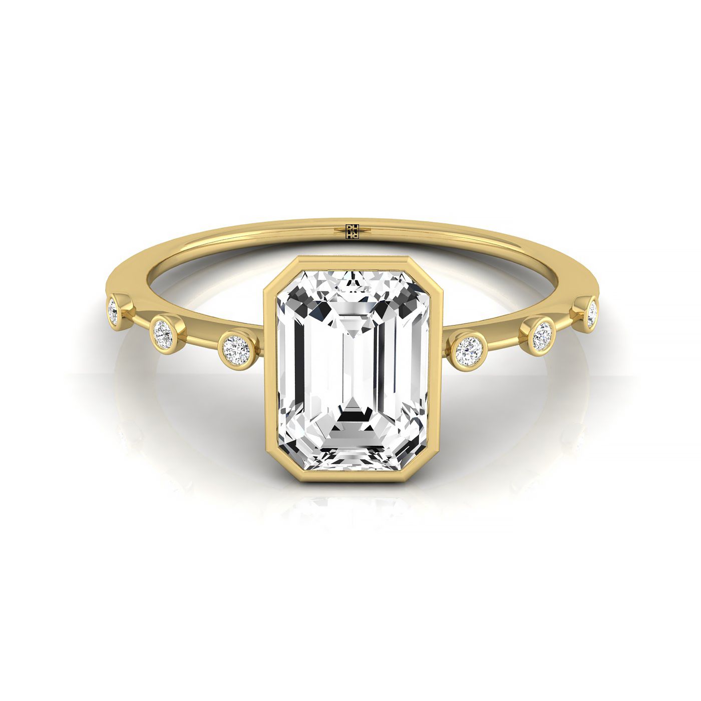 18ky Bezel Set Emerald Engagement Ring With 6 Bezel Set Round Diamonds On Shank