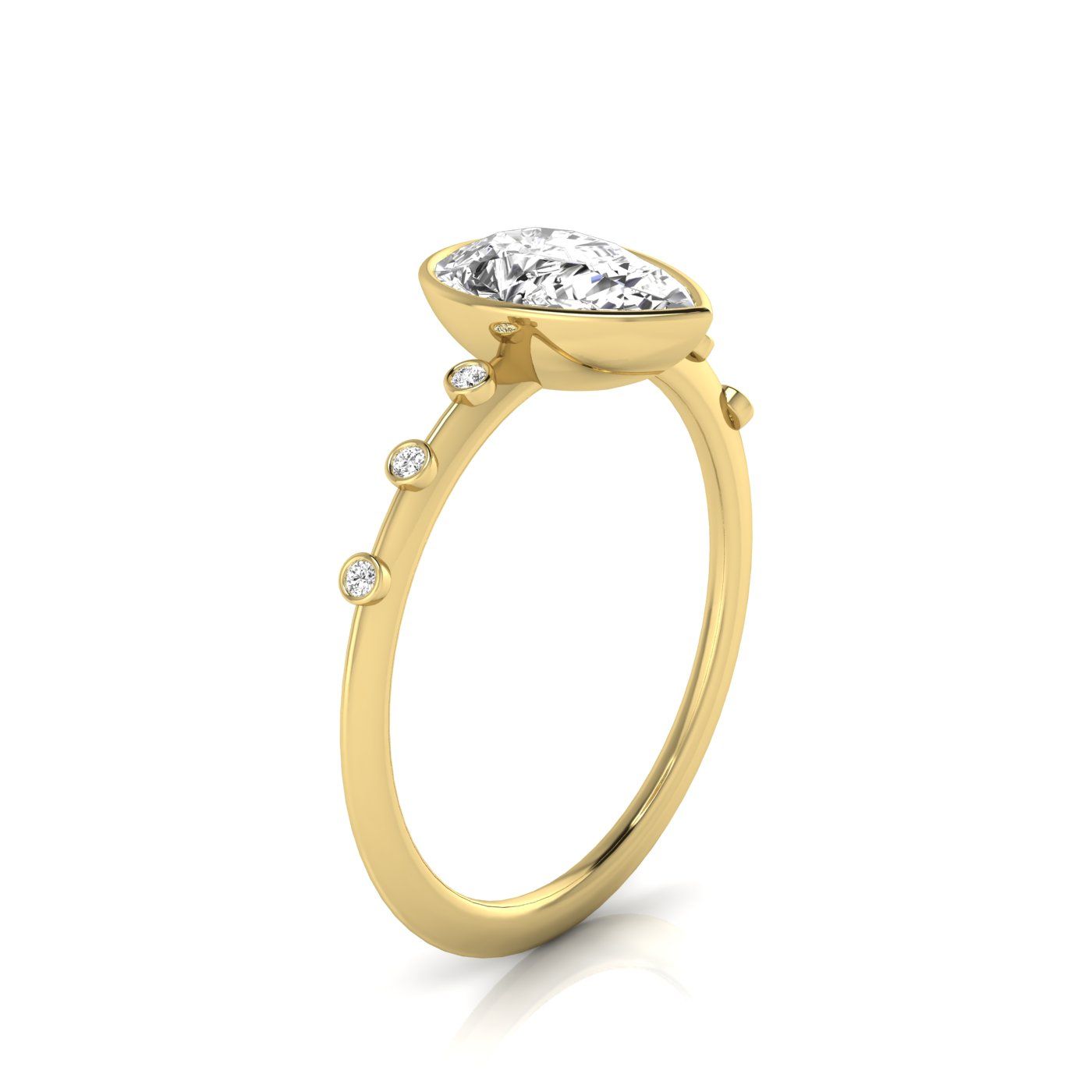 18ky Bezel Set Pear Engagement Ring With 6 Bezel Set Round Diamonds On Shank