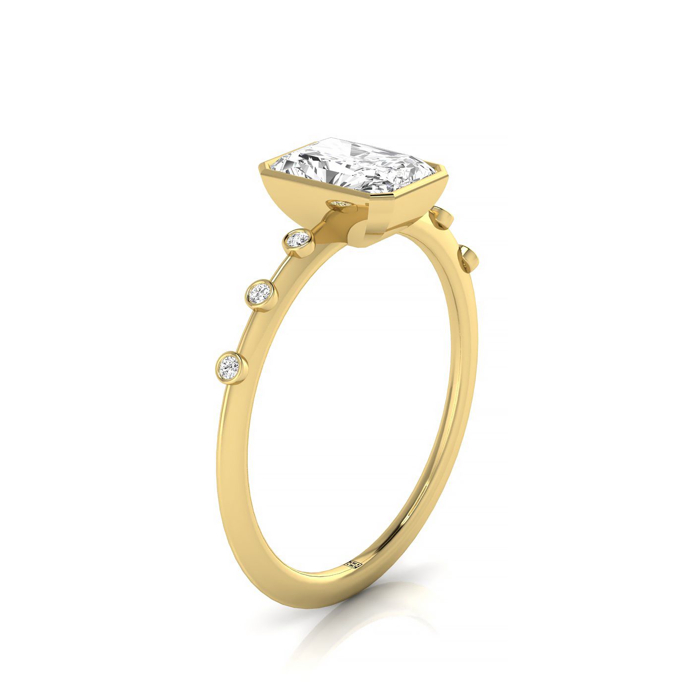 18ky Bezel Set Radiant Engagement Ring With 6 Bezel Set Round Diamonds On Shank