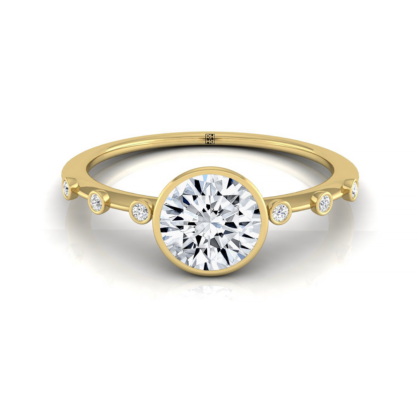 14ky Bezel Set Round Engagement Ring With 6 Bezel Set Round Diamonds On Shank