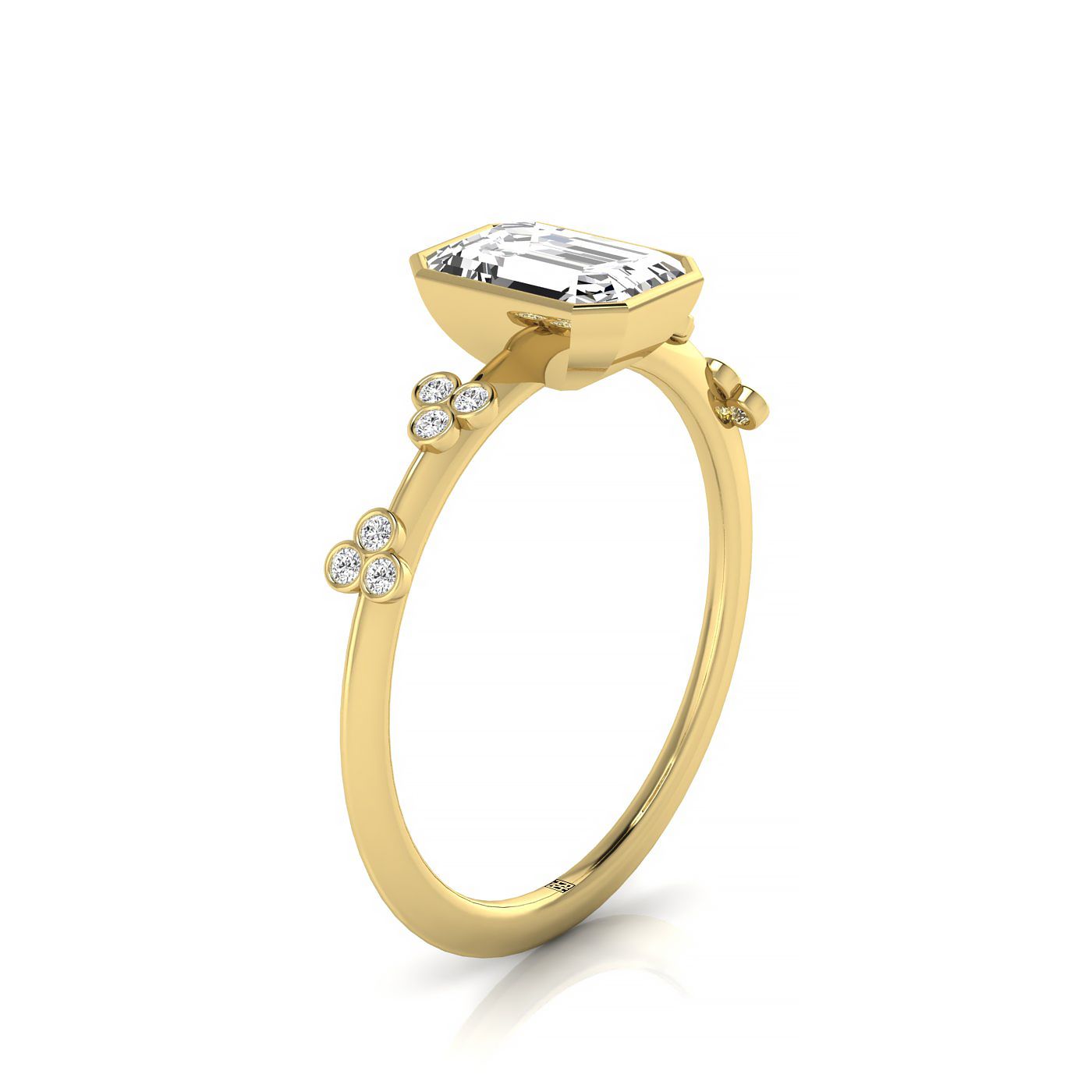 14ky Bezel Set Emerald Engagement Ring With 12 Clover Bezel Set Round Diamonds On Shank