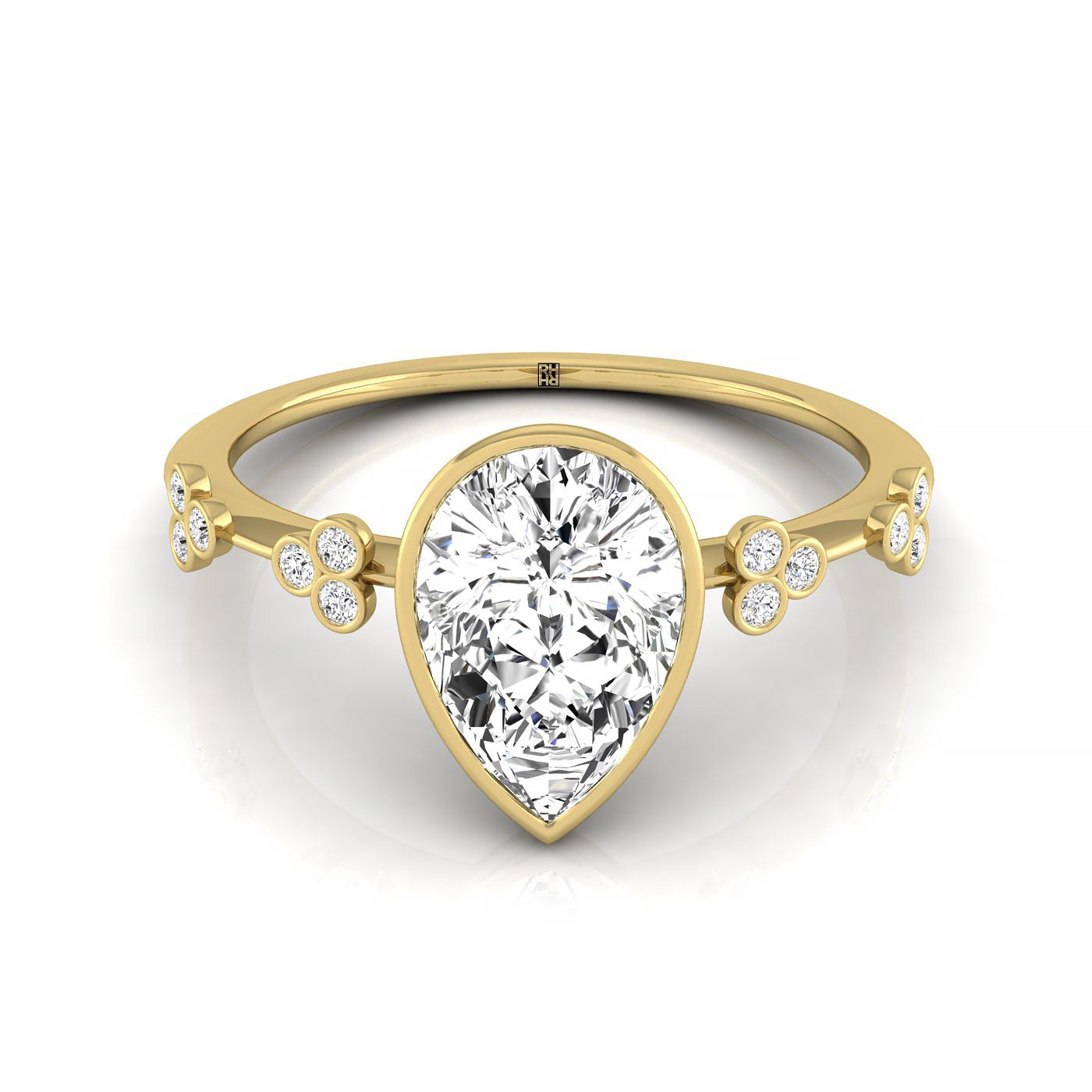 14ky Bezel Set Pear Engagement Ring With 12 Clover Bezel Set Round Diamonds On Shank