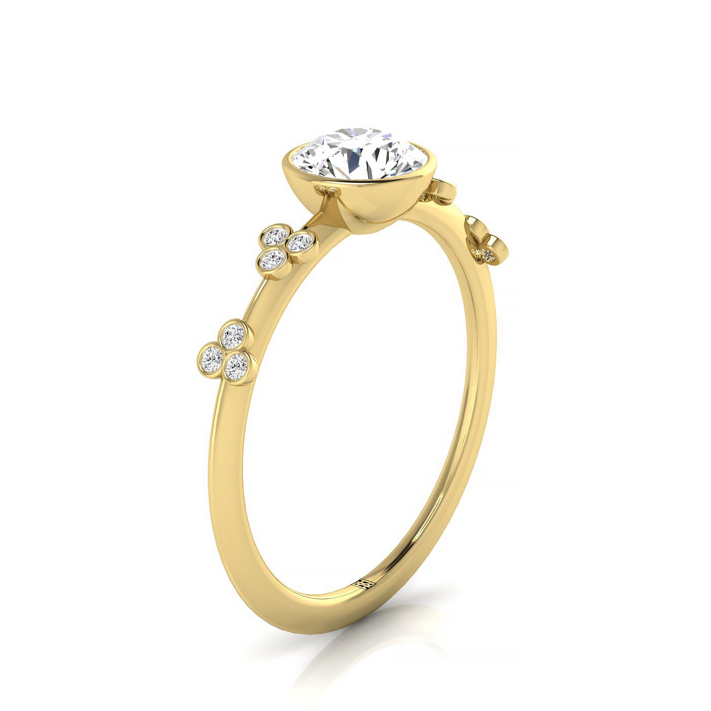 14ky Bezel Set Round Engagement Ring With 12 Clover Bezel Set Round Diamonds On Shank