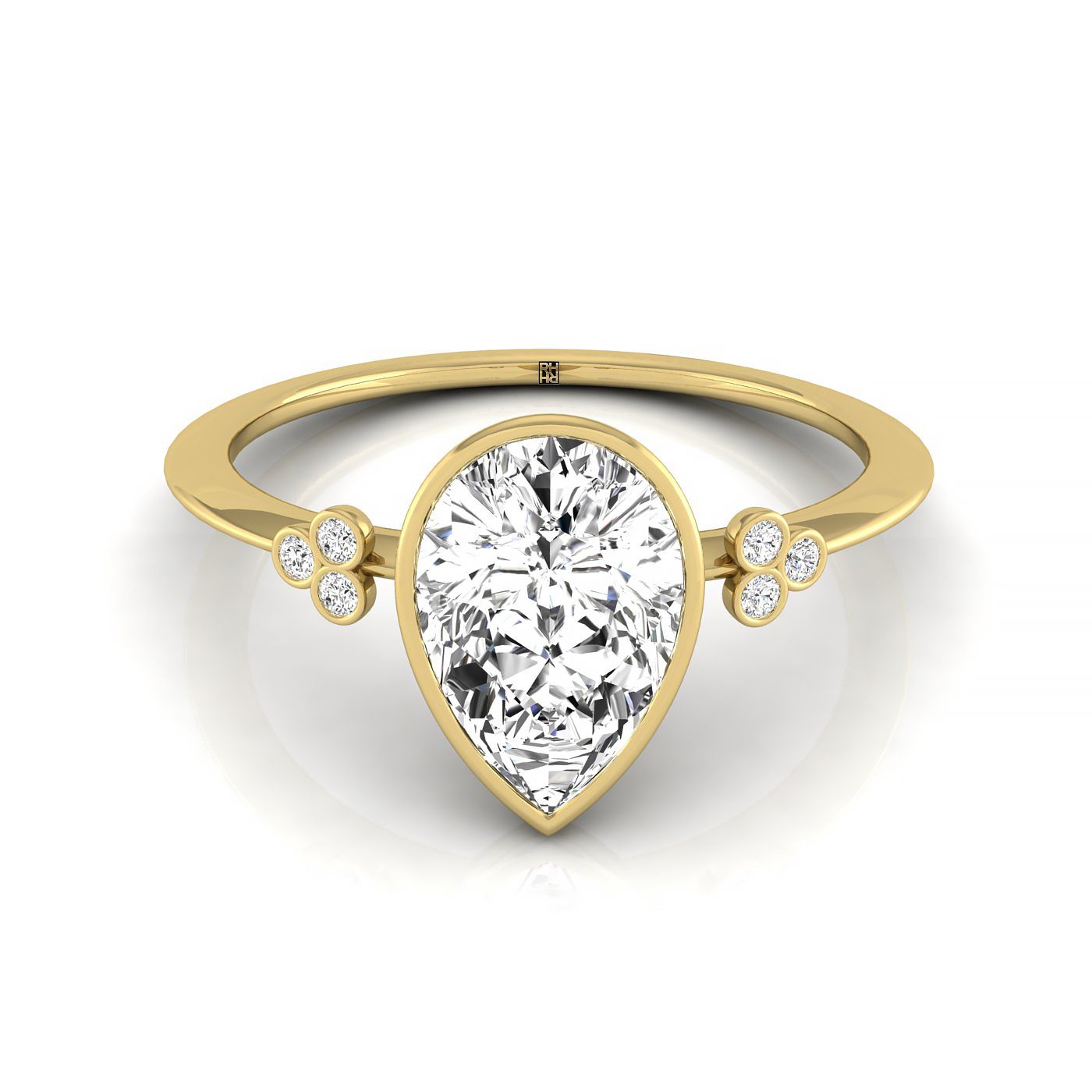 18ky Bezel Set Pear Engagement Ring With 6 Clover Bezel Set Round Diamonds On Shank