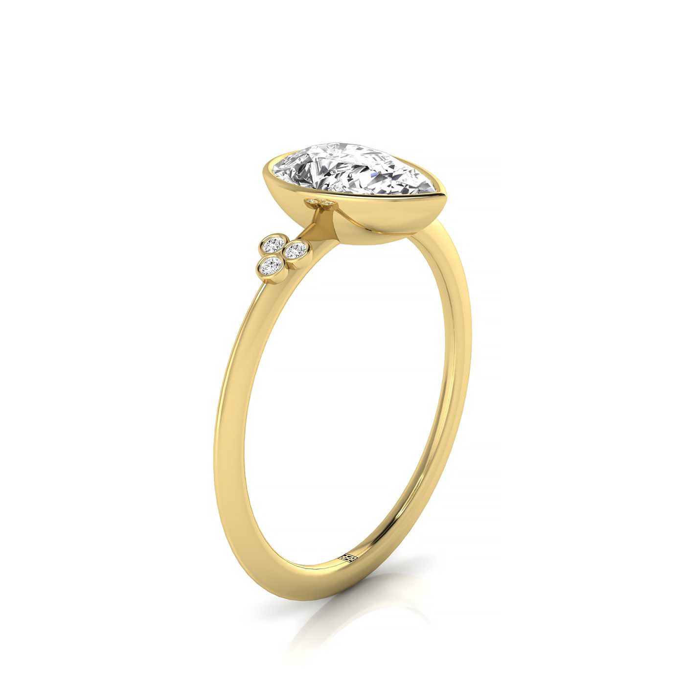 14ky Bezel Set Pear Engagement Ring With 6 Clover Bezel Set Round Diamonds On Shank