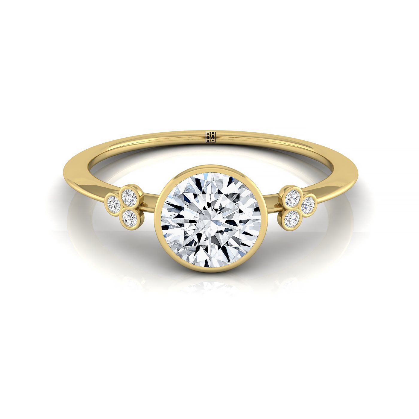 18ky Bezel Set Round Engagement Ring With 6 Clover Bezel Set Round Diamonds On Shank