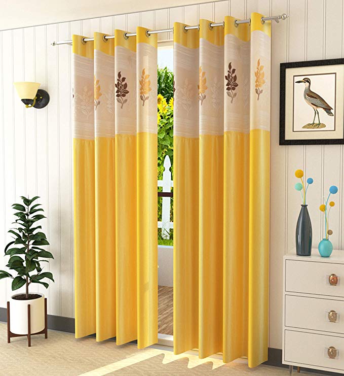 LaVichitra Polyester Door Curtain with Floral Net (7ft, Yellow) -2 Pieces