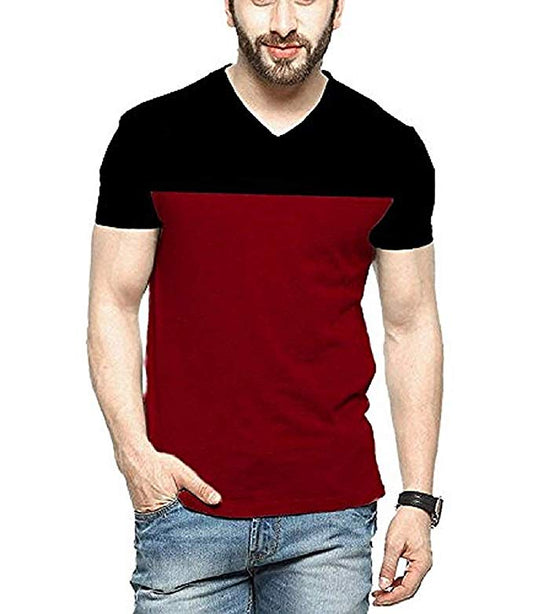 Stardom Men's Half Sleeve V Neck Solid Cotton Tshirt (Large, Maroon and Black)