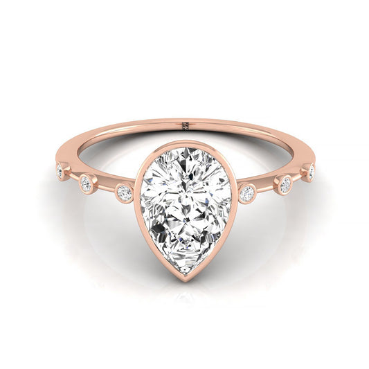 14kr Bezel Set Pear Engagement Ring With 6 Bezel Set Round Diamonds On Shank