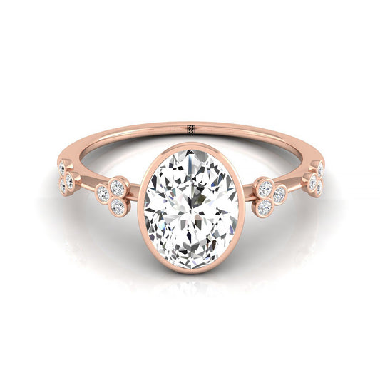 14kr Bezel Set Oval Engagement Ring With 12 Clover Bezel Set Round Diamonds On Shank