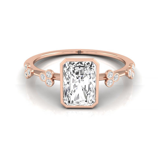 14kr Bezel Set Radiant Engagement Ring With 12 Clover Bezel Set Round Diamonds On Shank