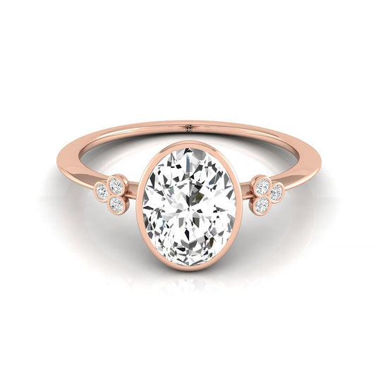 14kr Bezel Set Oval Engagement Ring With 6 Clover Bezel Set Round Diamonds On Shank