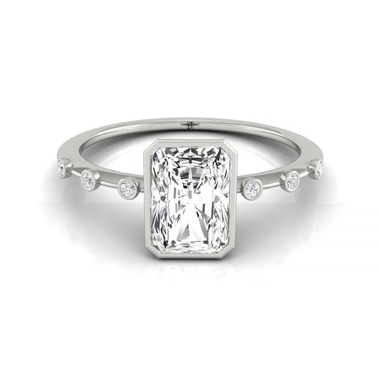 Plat Bezel Set Radiant Engagement Ring With 6 Bezel Set Round Diamonds On Shank