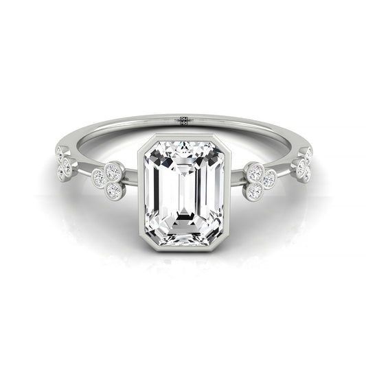 Plat Bezel Set Emerald Engagement Ring With 12 Clover Bezel Set Round Diamonds On Shank