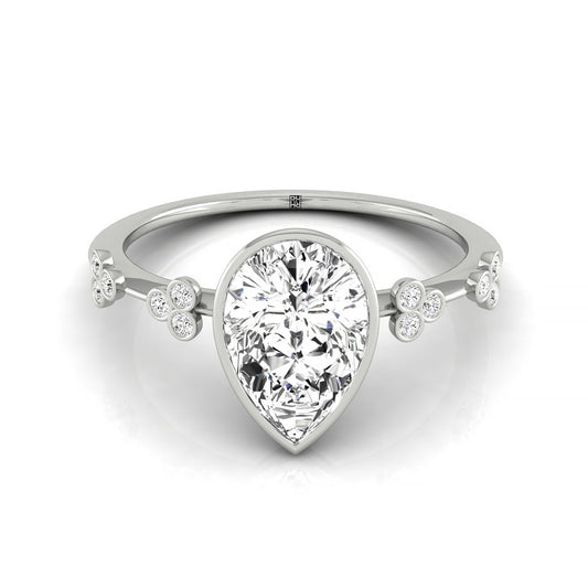 Plat Bezel Set Pear Engagement Ring With 12 Clover Bezel Set Round Diamonds On Shank