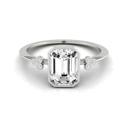 14kw Bezel Set Emerald Engagement Ring With 6 Clover Bezel Set Round Diamonds On Shank