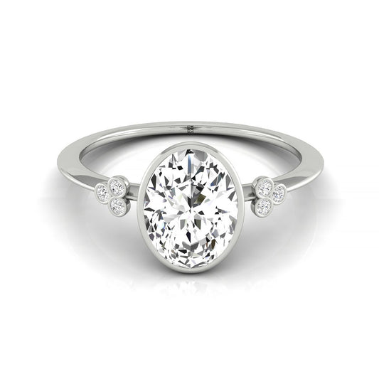 18kw Bezel Set Oval Engagement Ring With 6 Clover Bezel Set Round Diamonds On Shank