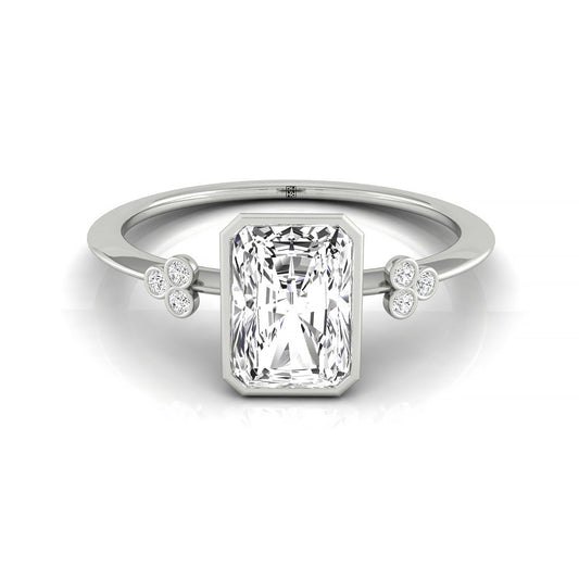 14kw Bezel Set Radiant Engagement Ring With 6 Clover Bezel Set Round Diamonds On Shank