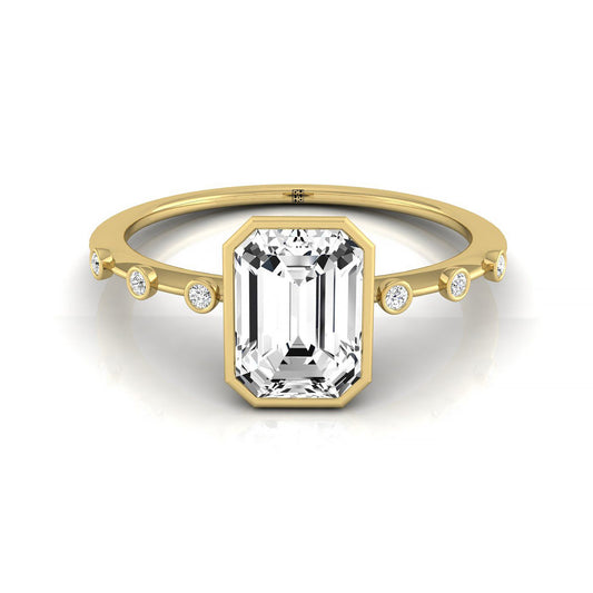 18ky Bezel Set Emerald Engagement Ring With 6 Bezel Set Round Diamonds On Shank