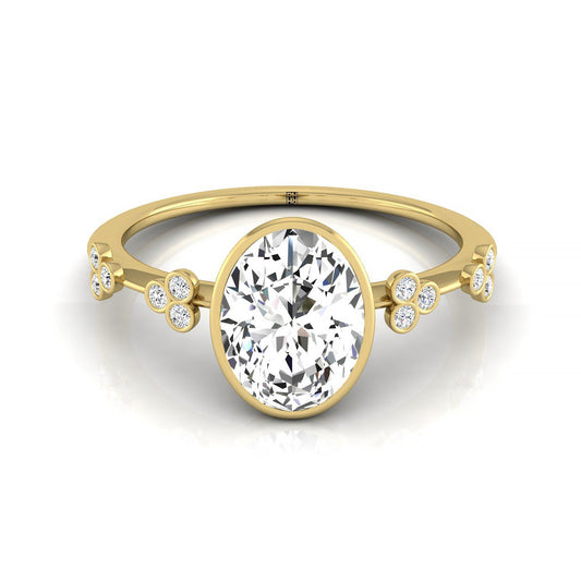 14ky Bezel Set Oval Engagement Ring With 12 Clover Bezel Set Round Diamonds On Shank